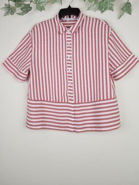 Jane + Delancey Size M Striped Short Sleeve Collared Top Blouse